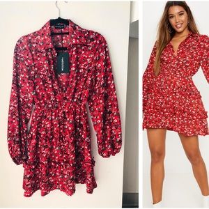 Pretty Little Thing Red Floral Skater Dress